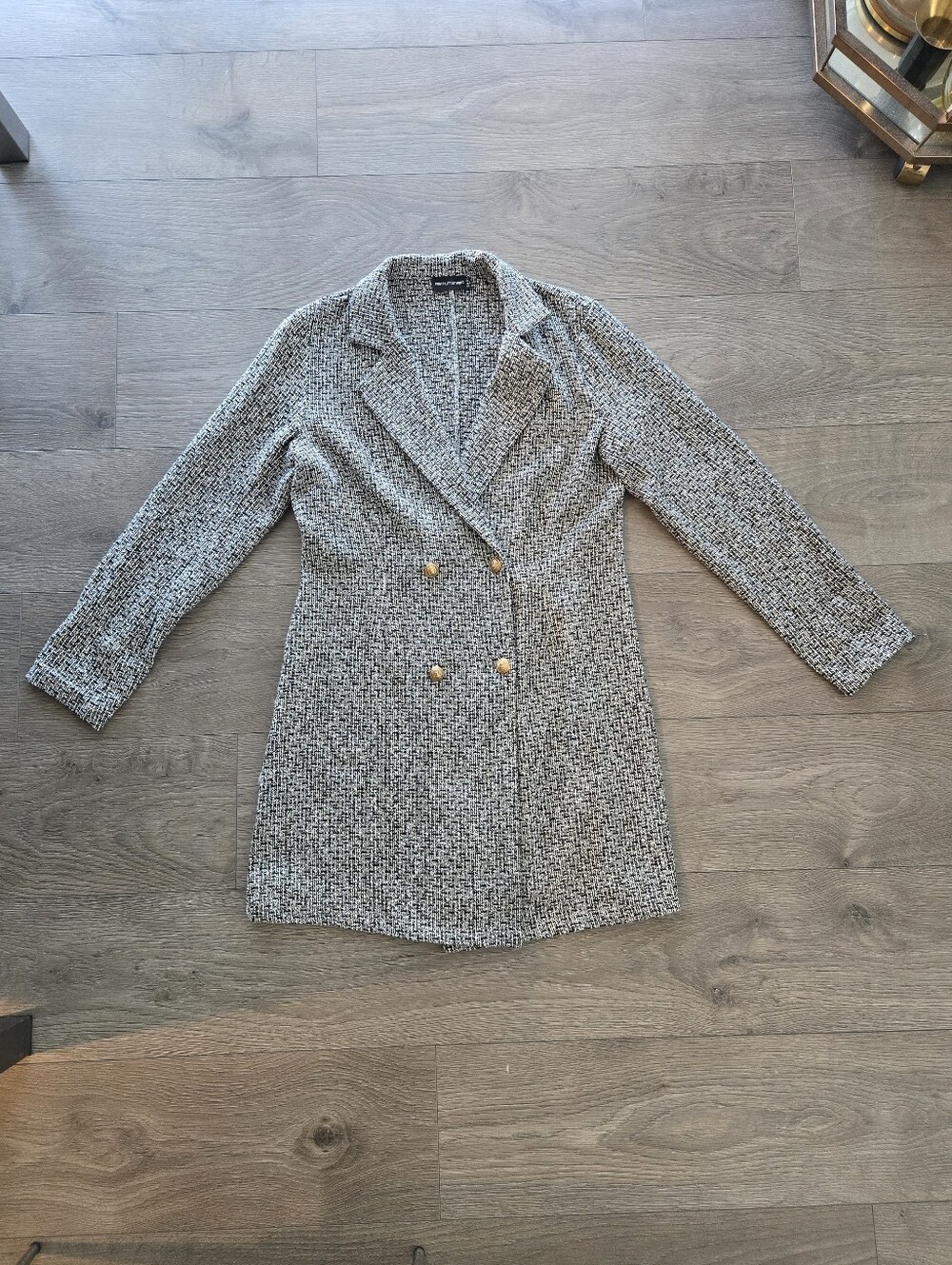 PrettyLittleThing Monochrome Tweed Gold Button Blazer Dress